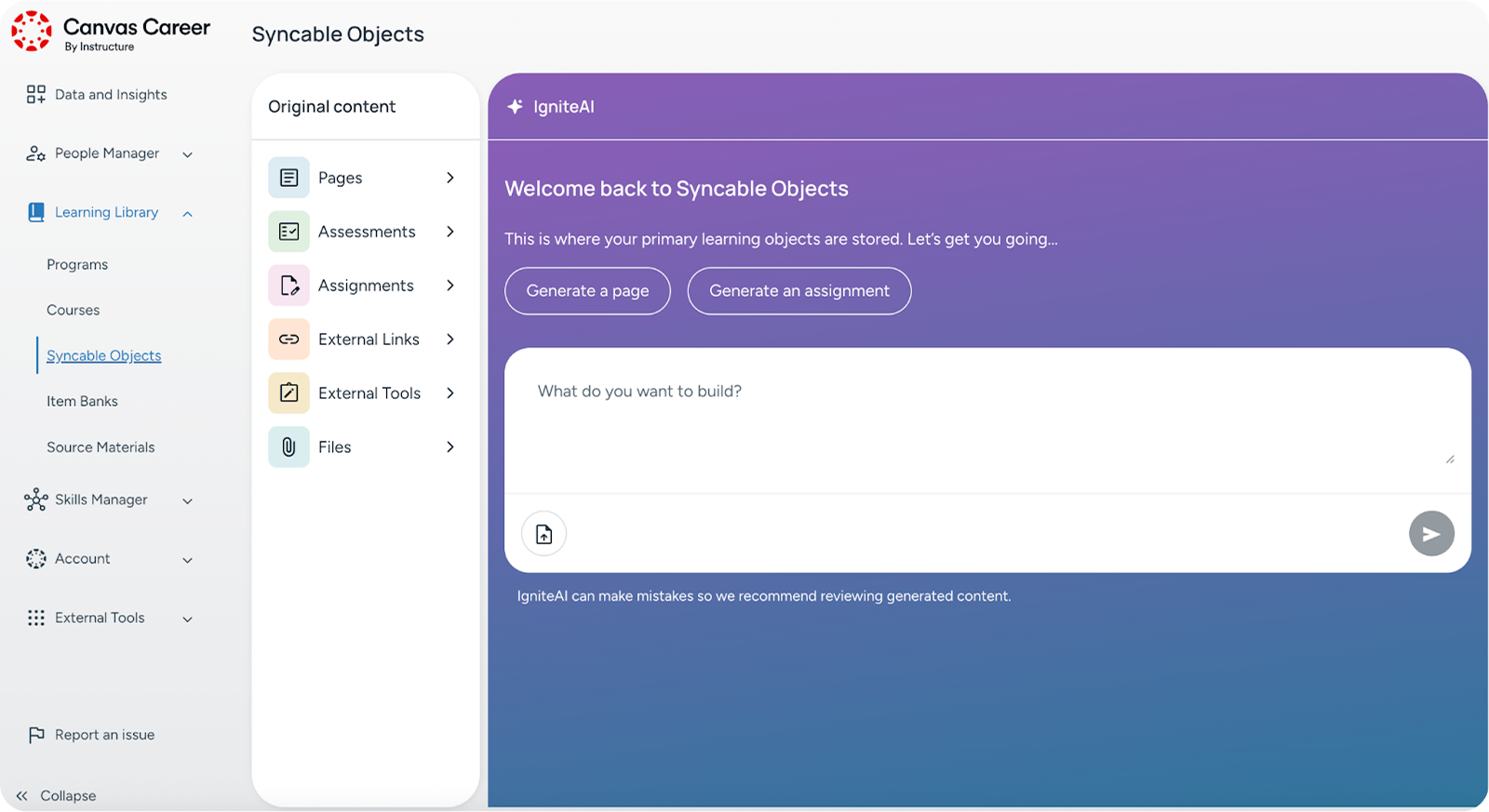 AI-assisted page and assignment generation interface in Canvas LMS with review safeguards